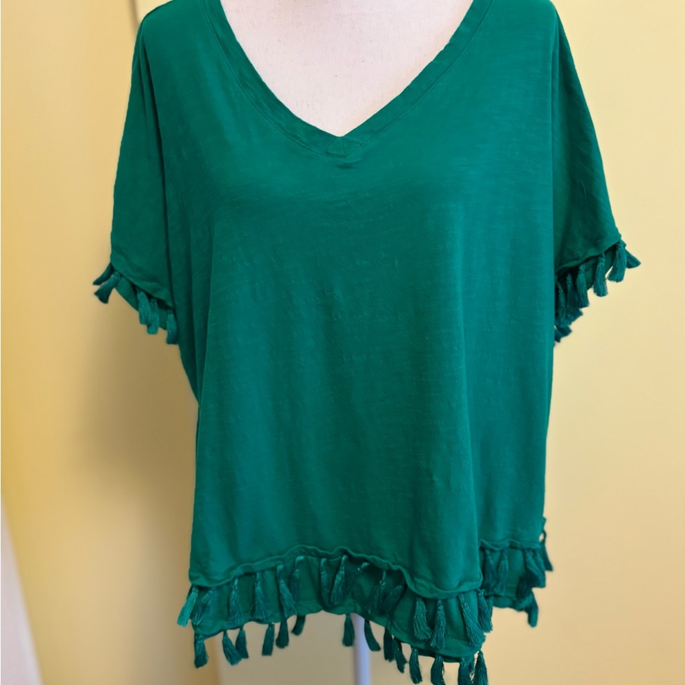 Emerald V-Neck Tassel Hem Blouse
